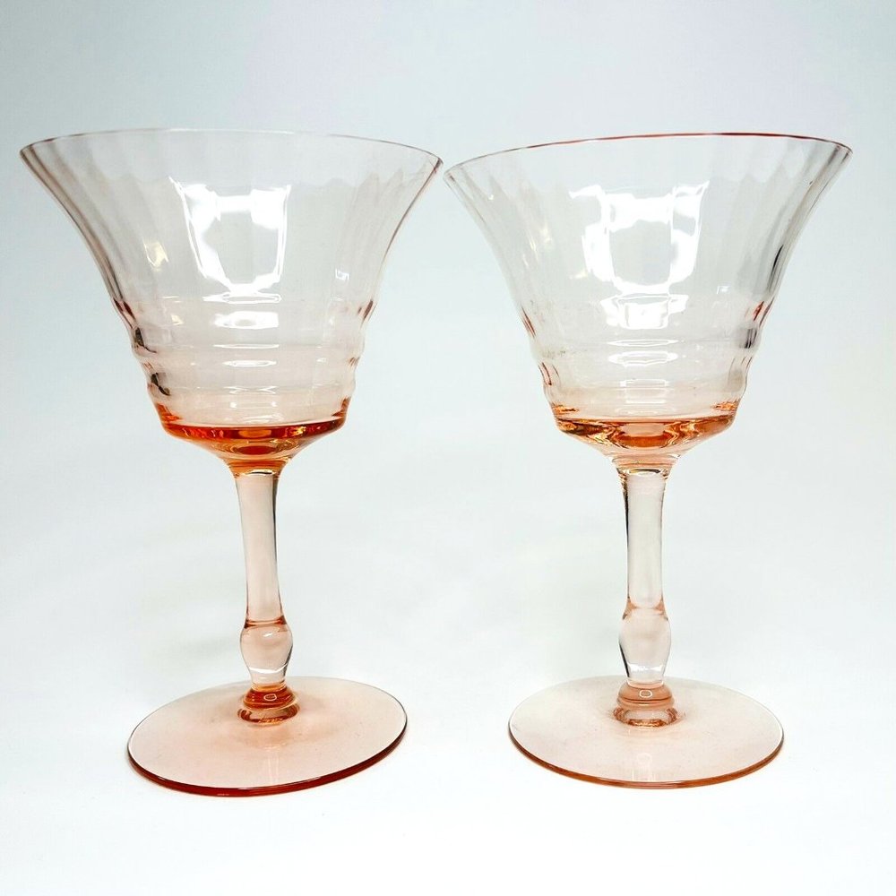 Pair of Vintage Cambridge Glass Pink Panel Optic Stem Wine Glasses Elegant 5.25"